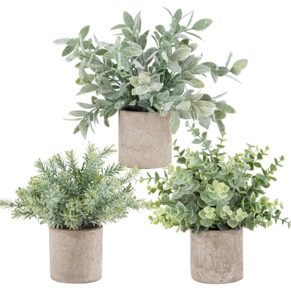 3 Pack Mini Potted Fake Plants Artificial Plastic Eucalyptus Plants Sage Green